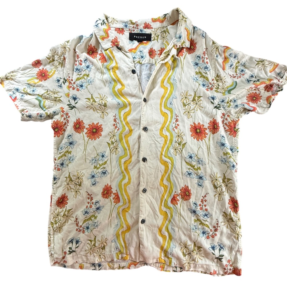 PacSun Mens Floral Wavy Stripe Button Up Shirt Medium Cream Rayon Short Sleeve